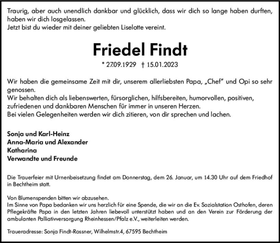 Traueranzeige von Friedel Findt von Wormser Zeitung