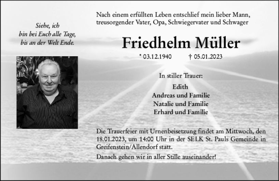 Traueranzeige von Friedhelm Müller von Wetzlarer Neue Zeitung