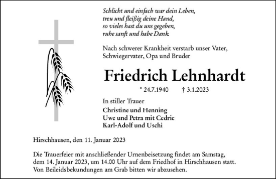 Traueranzeige von Friedrich Lehnhardt von Weilburger Tageblatt