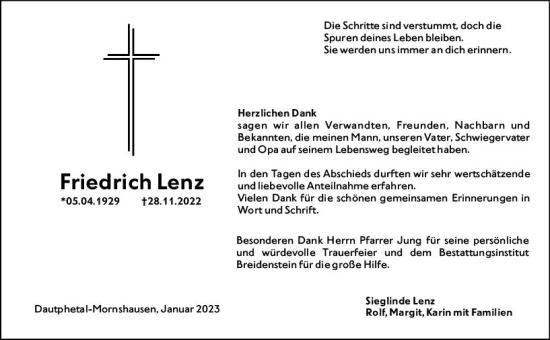 Traueranzeige von Friedrich Lenz von Hinterländer Anzeiger