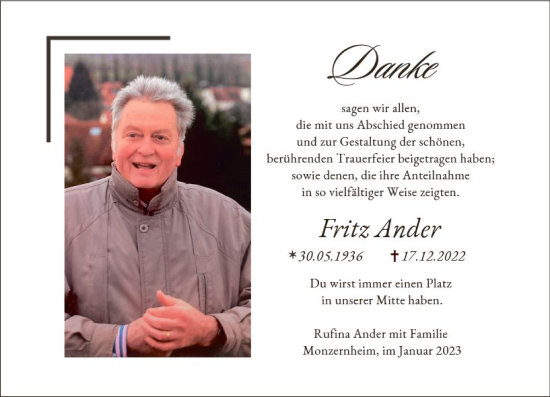Traueranzeige von Fritz Ander von Wormser Zeitung