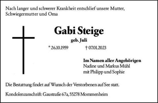 Traueranzeige von Gabi Steige von Allgemeine Zeitung Mainz