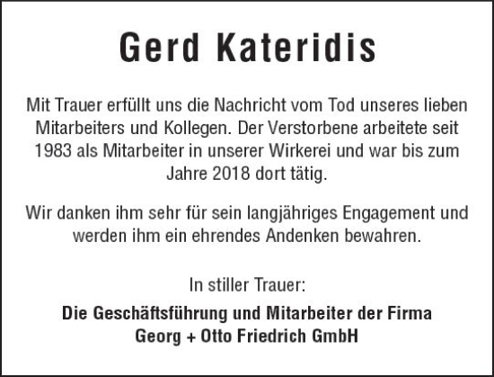 Traueranzeige von Gerd Kateridis von DieburgerAnzeiger/Groß-Zimmerner Lokalanzeiger