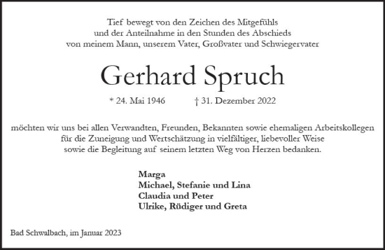 Traueranzeige von Gerhard Spruch von Wiesbadener Kurier gesamt