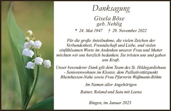 Traueranzeige von Gisela Böse von Allgemeine Zeitung Ingelheim-Bingen