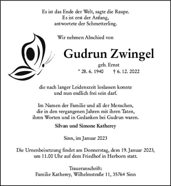 Traueranzeige von Gudrun Zwingel von Dill Block