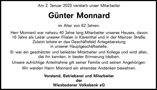 Traueranzeige von Günter Monnard von Wiesbadener Kurier gesamt