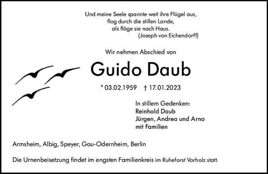 Traueranzeige von Guido Daub von Allgemeine Zeitung Alzey