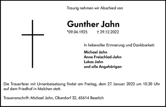 Traueranzeige von Gunther Jahn von Darmstädter Echo