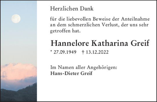 Traueranzeige von Hannelore Katharina Greif von Allgemeine Zeitung Mainz