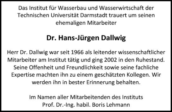 Traueranzeige von Hans-Jürgen Dallwig von Darmstädter Echo