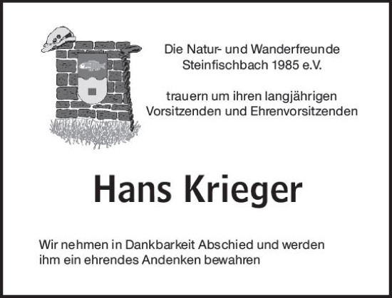 Traueranzeige von Hans Krieger von Camberger Anzeiger
