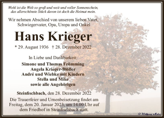 Traueranzeige von Hans Krieger von Wiesbadener Kurier gesamt