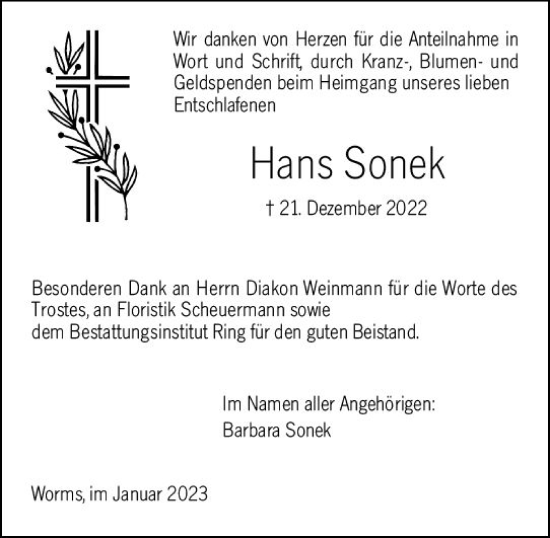 Traueranzeige von Hans Sonek von Wormser Zeitung