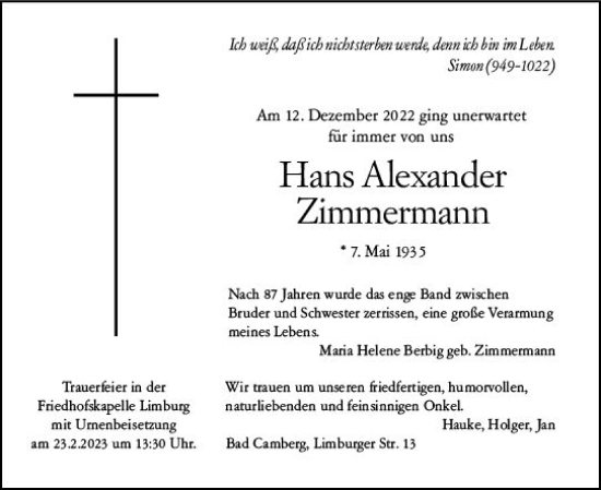 Traueranzeige von Hans Alexander Zimmermann von Nassauische Neue Presse