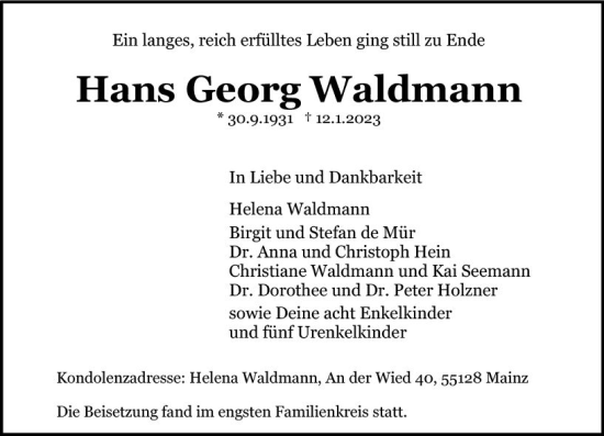 Traueranzeige von Hans Georg Waldmann von Allgemeine Zeitung Mainz