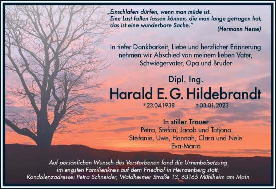 Traueranzeige von Harald E. G. Hildebrandt von Weilburger Tageblatt