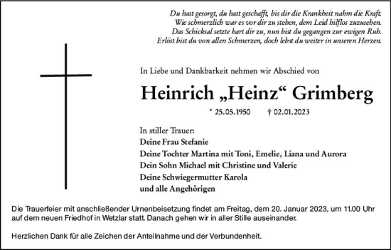 Traueranzeige von Heinrich Grimberg von Wetzlarer Neue Zeitung