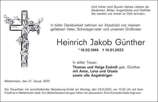 Traueranzeige von Heinrich Jakob Günther von Wormser Zeitung