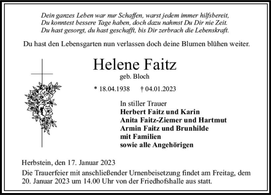 Traueranzeige von Helene Faitz von VRM Trauer