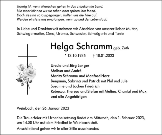 Traueranzeige von Helga Schramm von Weilburger Tageblatt
