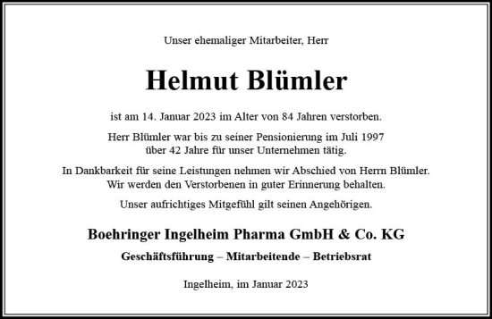 Traueranzeige von Helmut Blümler von Allgemeine Zeitung Ingelheim-Bingen