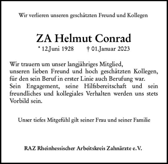 Traueranzeige von Helmut Conrad von Allgemeine Zeitung Ingelheim-Bingen