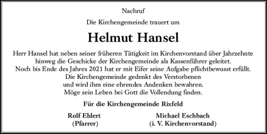 Traueranzeige von Helmut Hansel von VRM Trauer