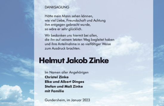 Traueranzeige von Helmut Jakob Zinke von Wormser Zeitung