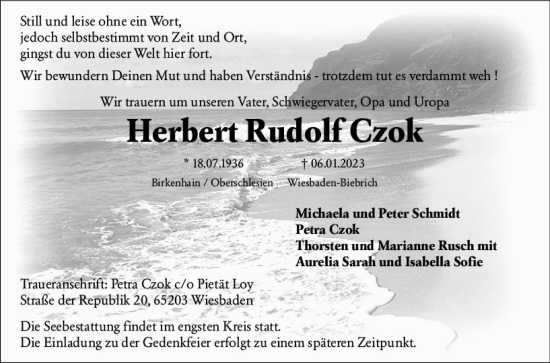 Traueranzeige von Herbert Rudolf Czok von Wiesbadener Kurier gesamt