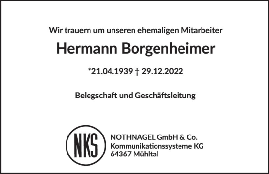 Traueranzeige von Hermann Borgenheimer von Odenwälder Echo