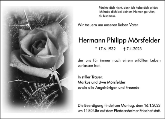Traueranzeige von Hermann Philipp Mörsfelder von Wormser Zeitung