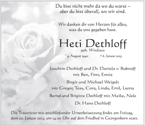 Traueranzeige von Heti Dethloff von Wiesbadener Kurier gesamt
