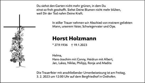 Traueranzeige von Horst Holzmann von Wormser Zeitung