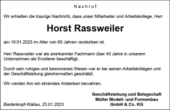 Traueranzeige von Horst Rassweiler von Hinterländer Anzeiger