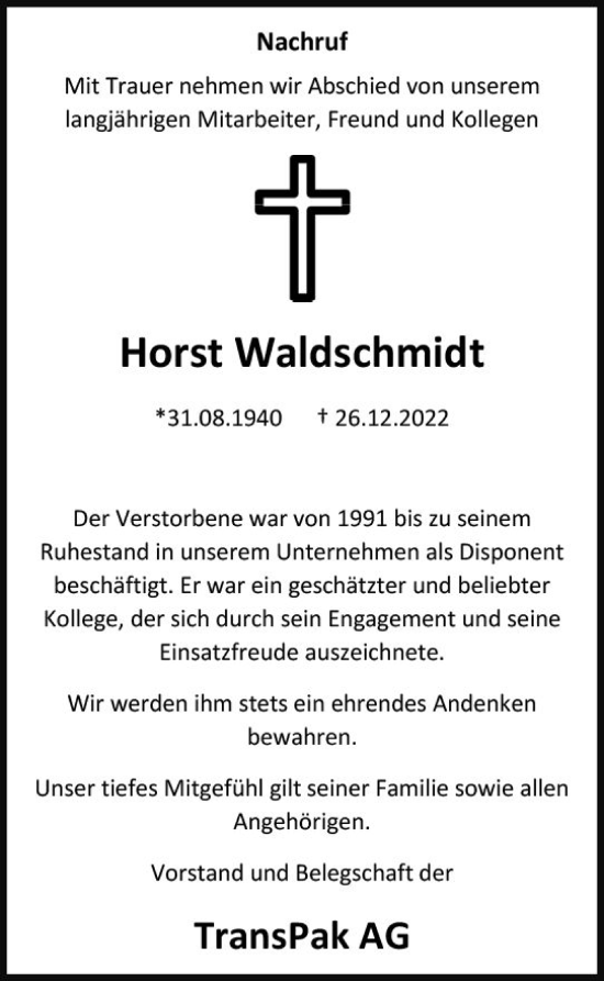 Traueranzeige von Horst Waldschmidt von Wetzlarer Neue Zeitung
