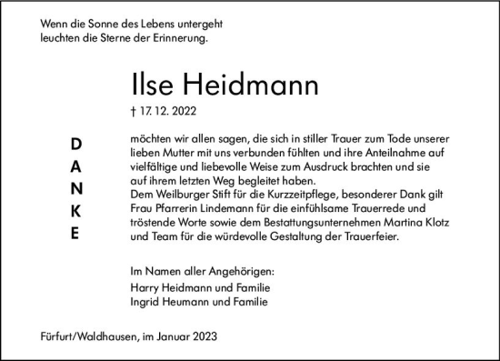 Traueranzeige von Ilse Heidmann von Weilburger Tageblatt