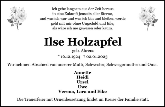 Traueranzeige von Ilse Holzapfel von Wiesbadener Kurier gesamt