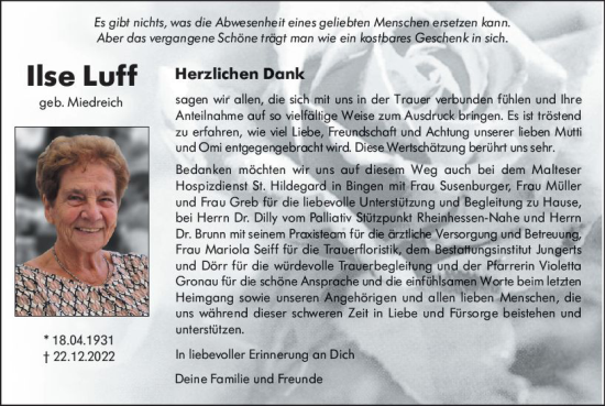 Traueranzeige von Ilse Luff von Allgemeine Zeitung Ingelheim-Bingen