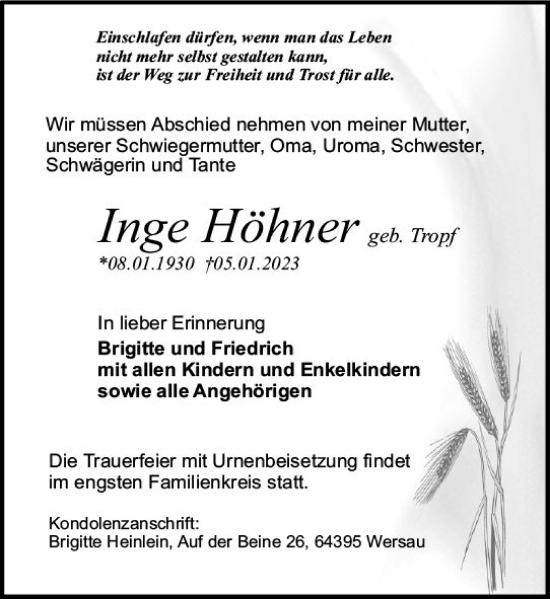 Traueranzeige von Inge Höhner von Odenwälder Echo