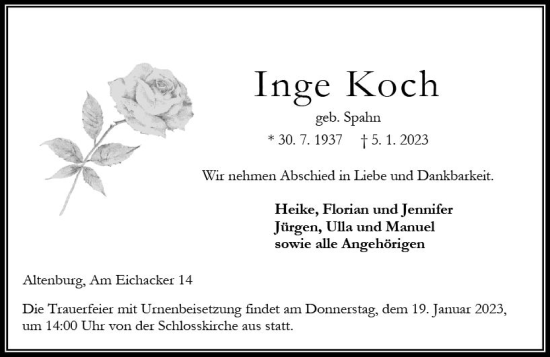 Traueranzeige von Inge Koch von VRM Trauer