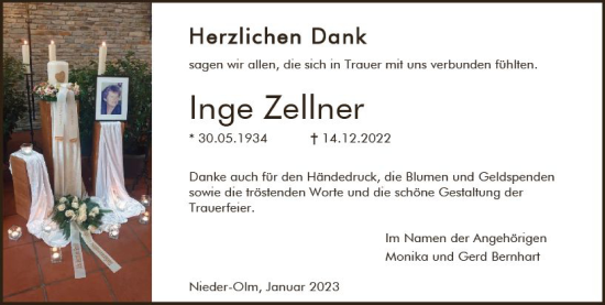Traueranzeige von Inge Zellner von Allgemeine Zeitung Mainz