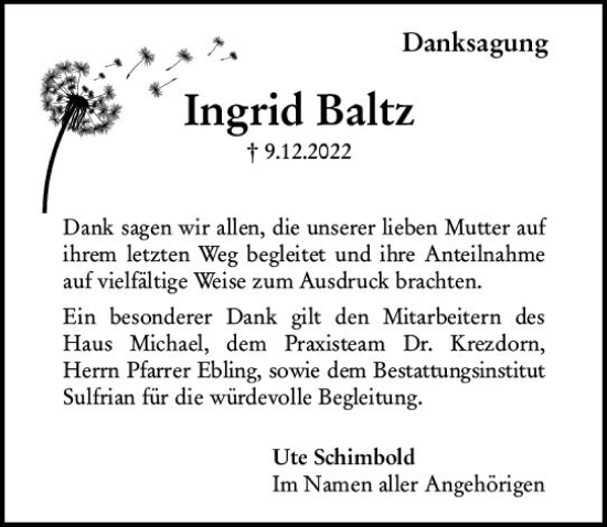 Traueranzeige von Ingrid Baltz von Allgemeine Zeitung Alzey