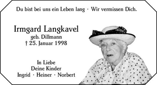 Traueranzeige von Irmgard Langkavel von Wiesbadener Kurier gesamt