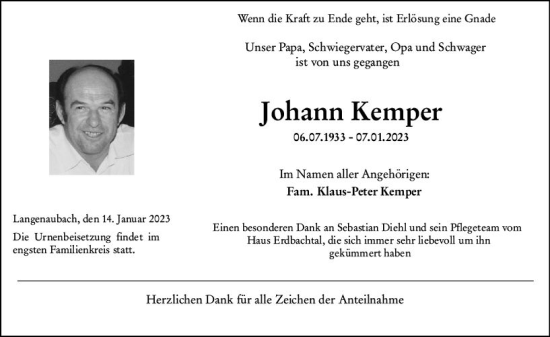 Traueranzeige von Johann Kemper von Dill Block