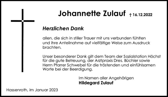 Traueranzeige von Johannette Zulauf von Odenwälder Echo