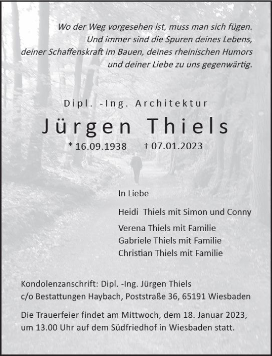 Traueranzeige von Jürgen Thiels von Wiesbadener Kurier gesamt