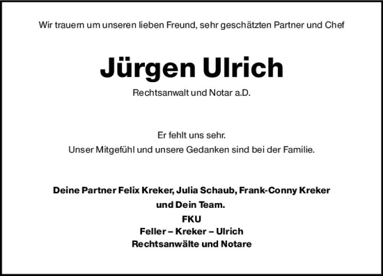 Traueranzeige von Jürgen Ulrich von Wiesbadener Kurier gesamt