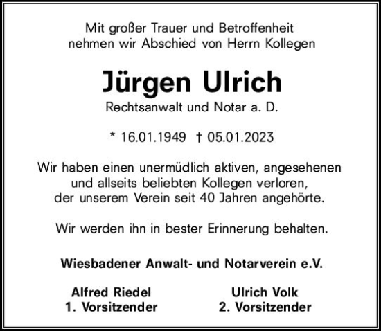 Traueranzeige von Jürgen Ulrich von Wiesbadener Kurier gesamt