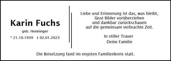 Traueranzeige von Karin Fuchs von Wiesbadener Kurier gesamt